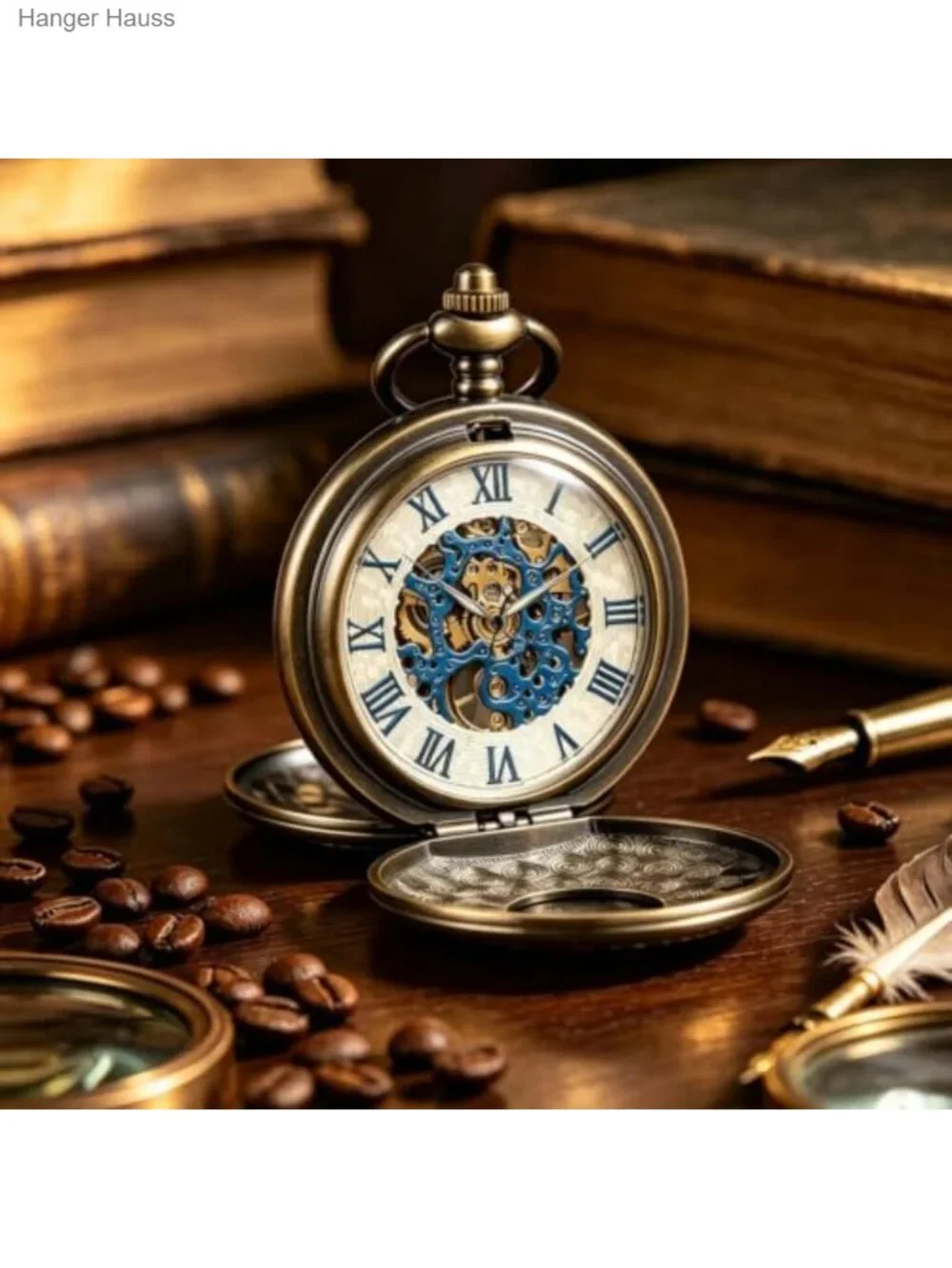 Vintage Mechanical Skeleton Pocket Watch with Box and Chain
